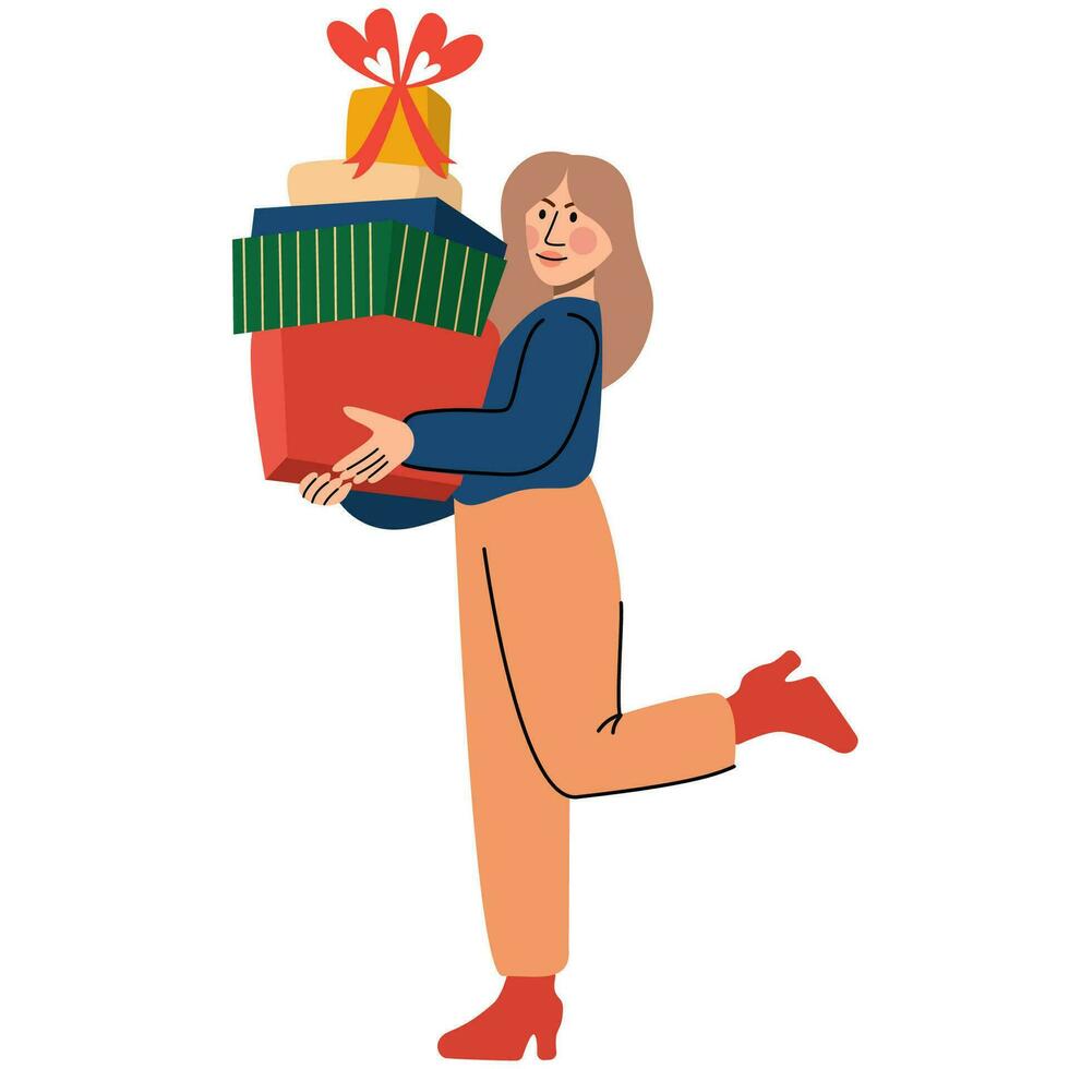 Woman holding a pile of presents in the boxes. New Year or Christmas celebration. vector