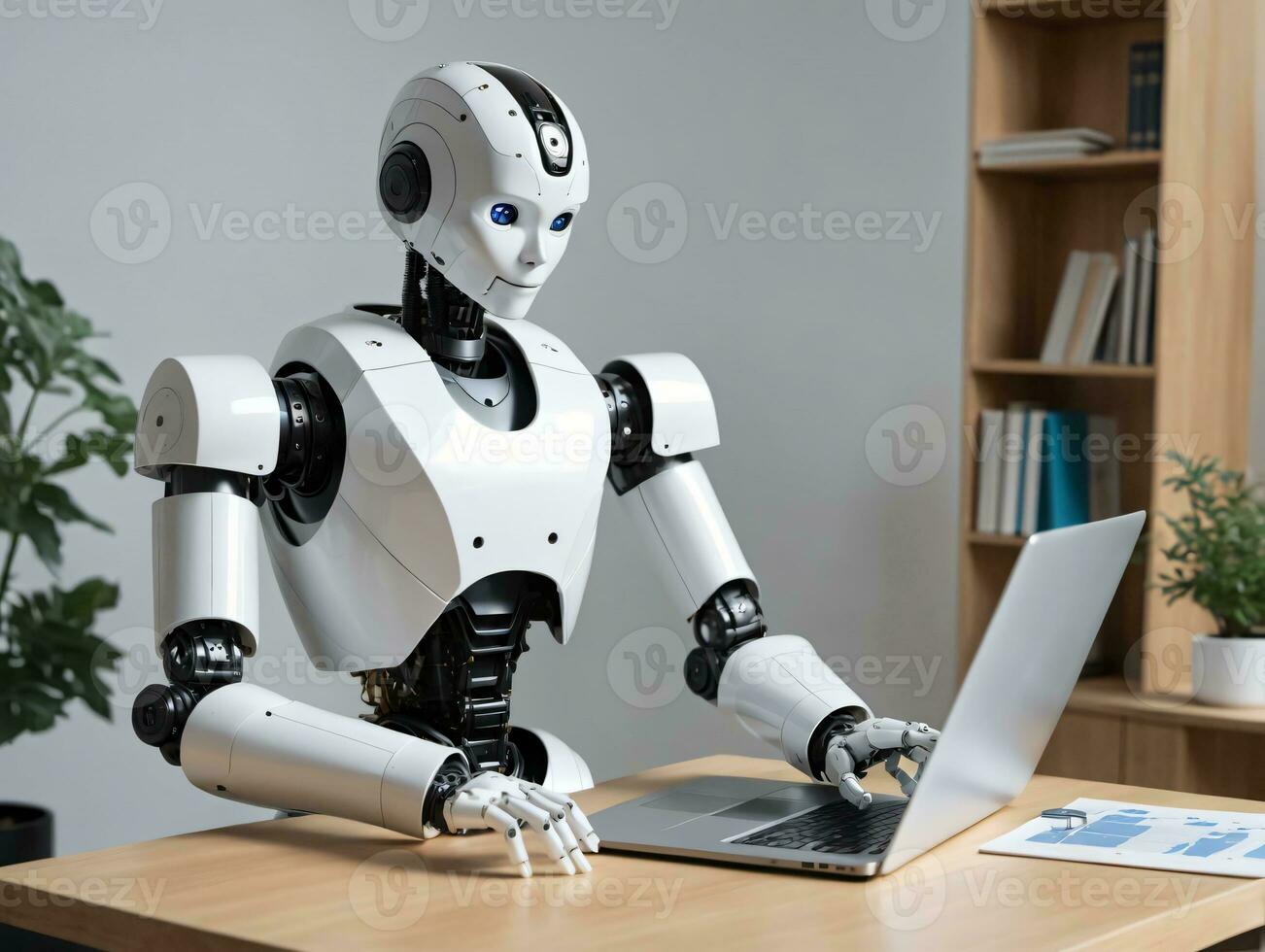A Robot Sitting At A Desk Using A Laptop. AI Generated photo
