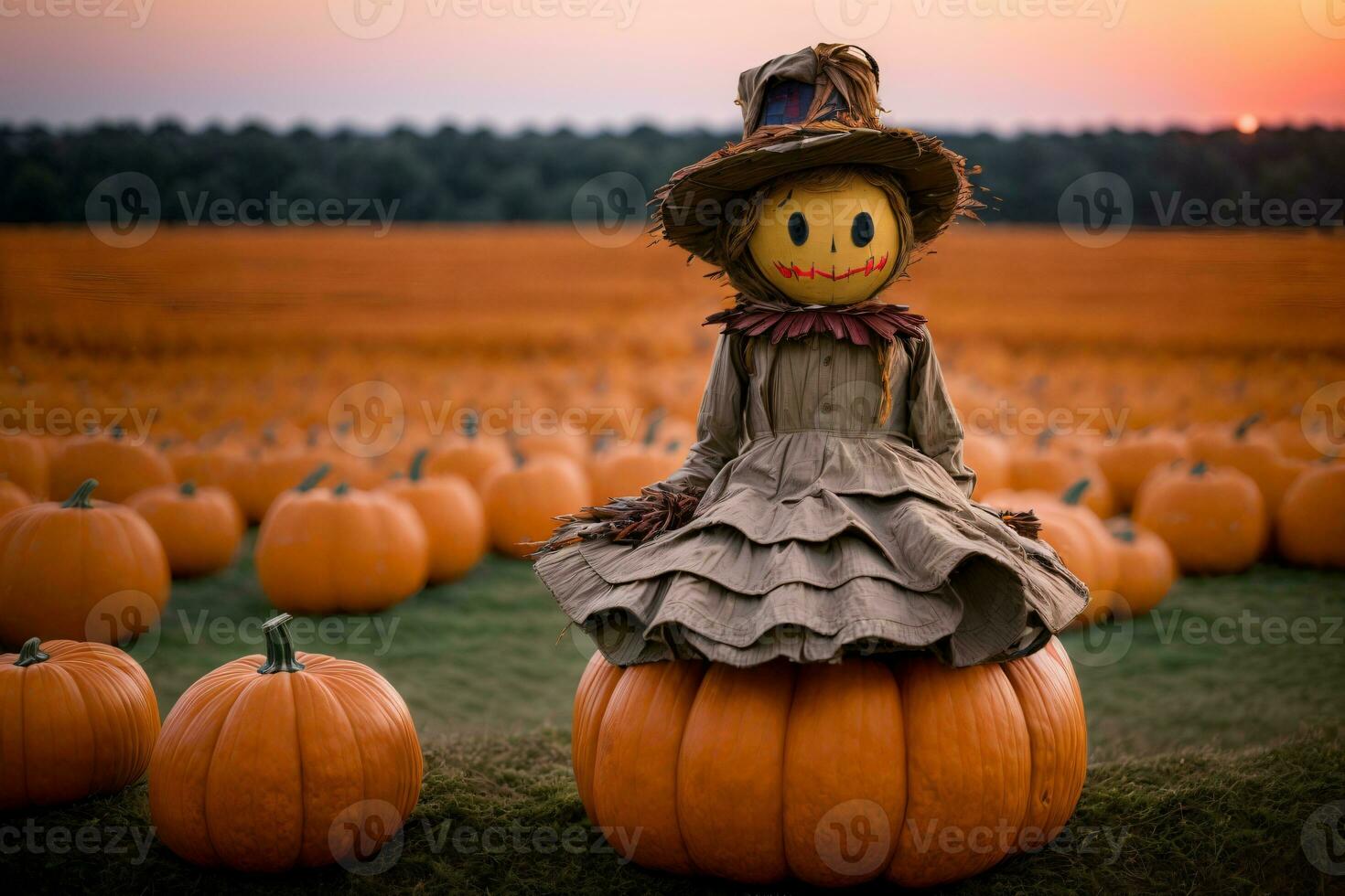 A Scarecrow Sitting On Top Of A Pumpkin In A Field. AI Generated photo