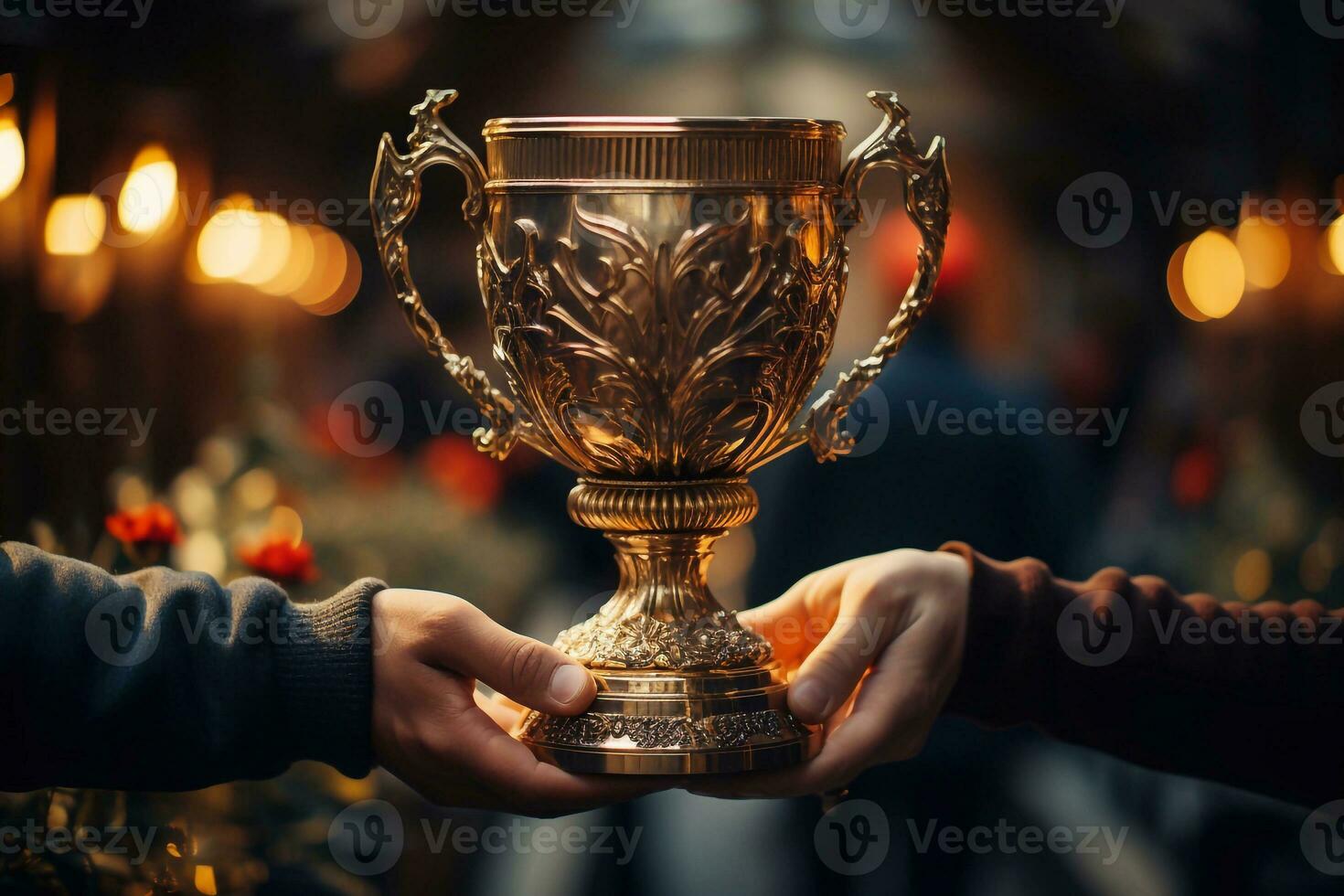 Close up of a man hand holding a golden trophy. Generative AI photo