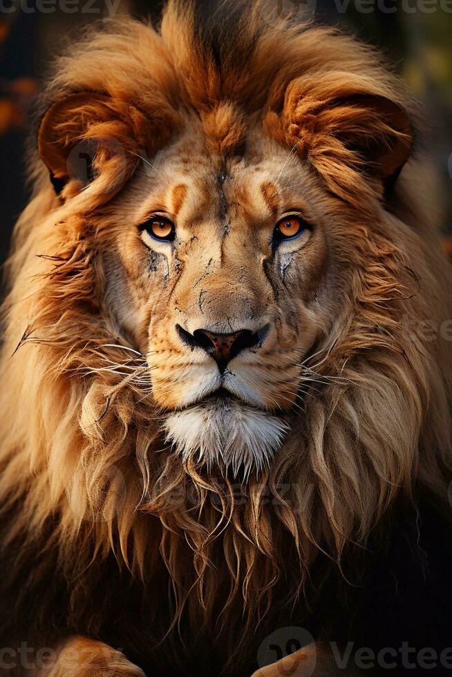 Portrait of a male lion with big mane in the background Generative AI photo