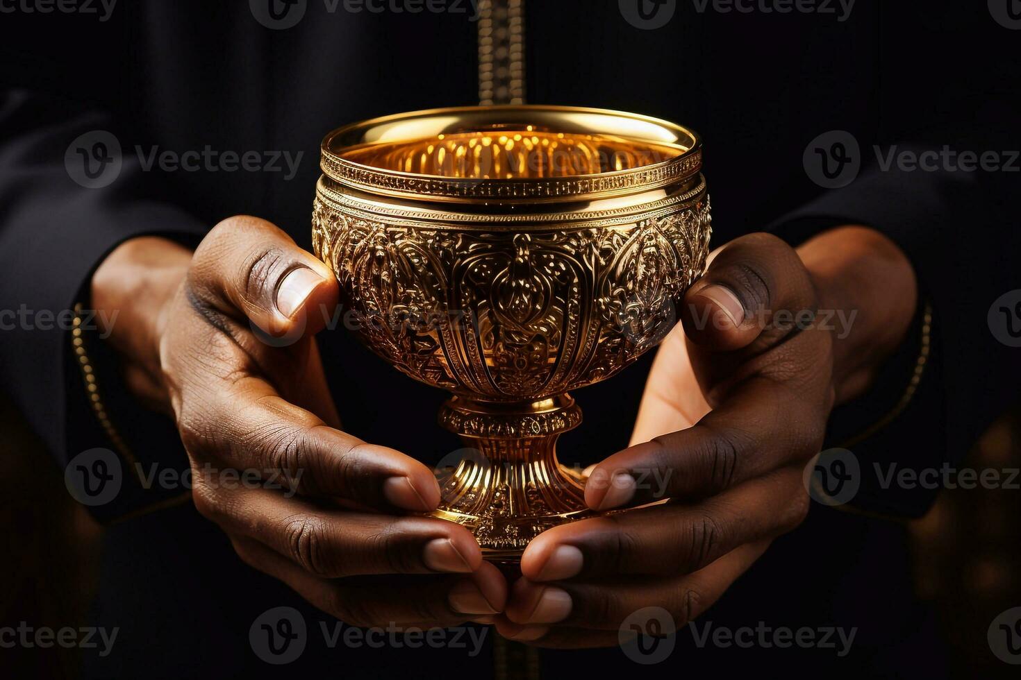 Close up of hands of a Muslim woman holding a golden chalice Generative AI photo