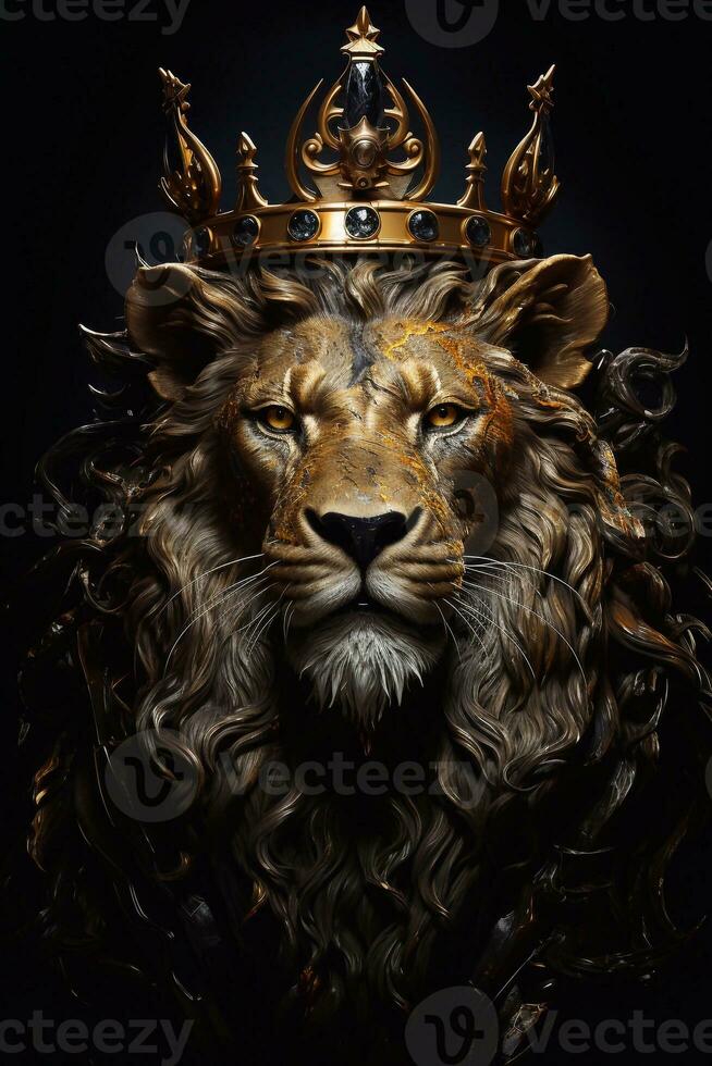 Lion king with golden crown on black background. Fantasy illustration. Generative AI photo