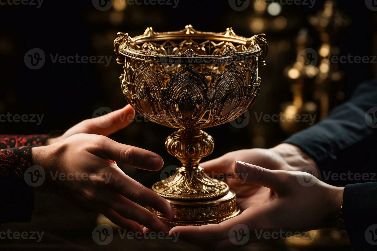 Closeup image of man and woman hands holding golden chalice Generative AI photo