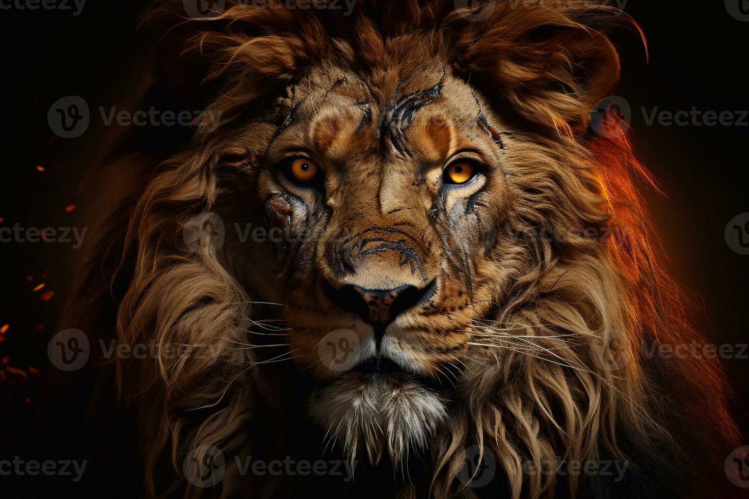 a close up of shot Lion king with golden crown on black background. Fantasy illustration. Generative AI photo