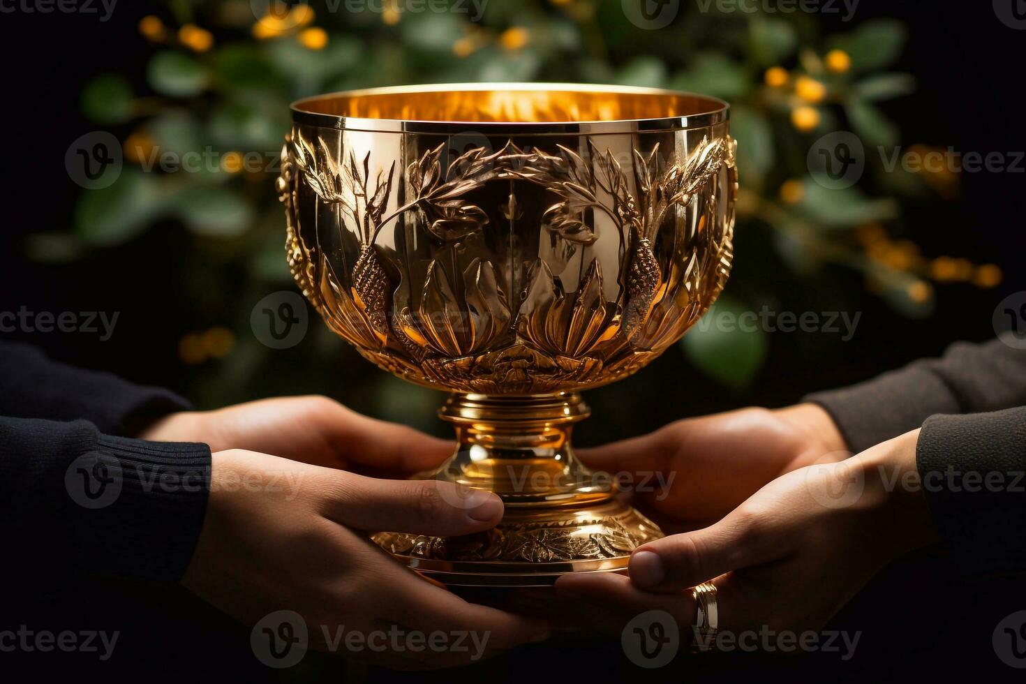 Close up of two hands holding golden chalice on blurred background Generative AI photo