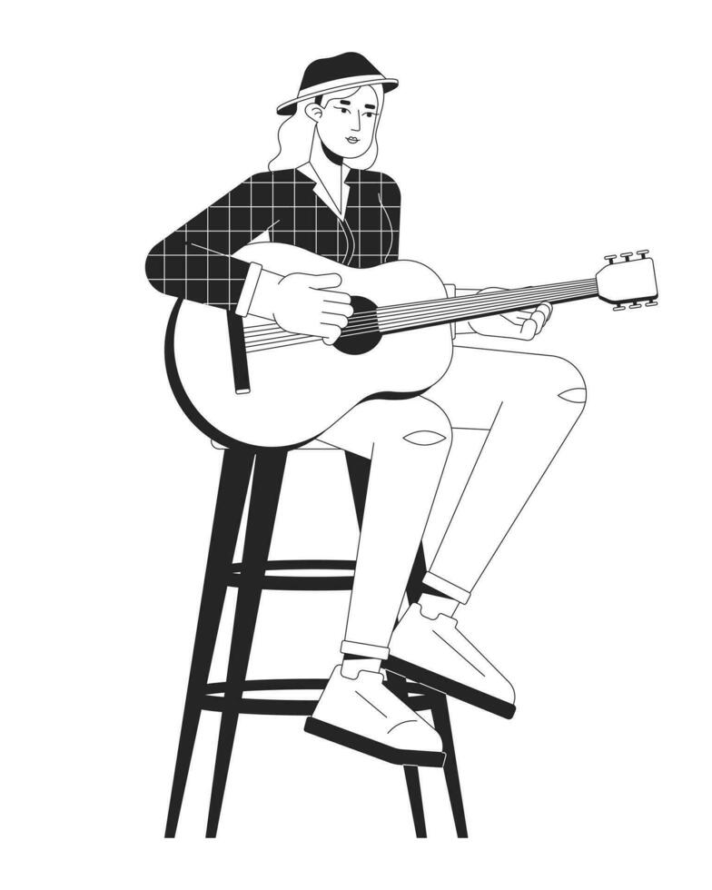 Female guitarist playing country music black and white cartoon flat illustration. European woman country singer 2D lineart character isolated. Music performer monochrome scene vector outline image