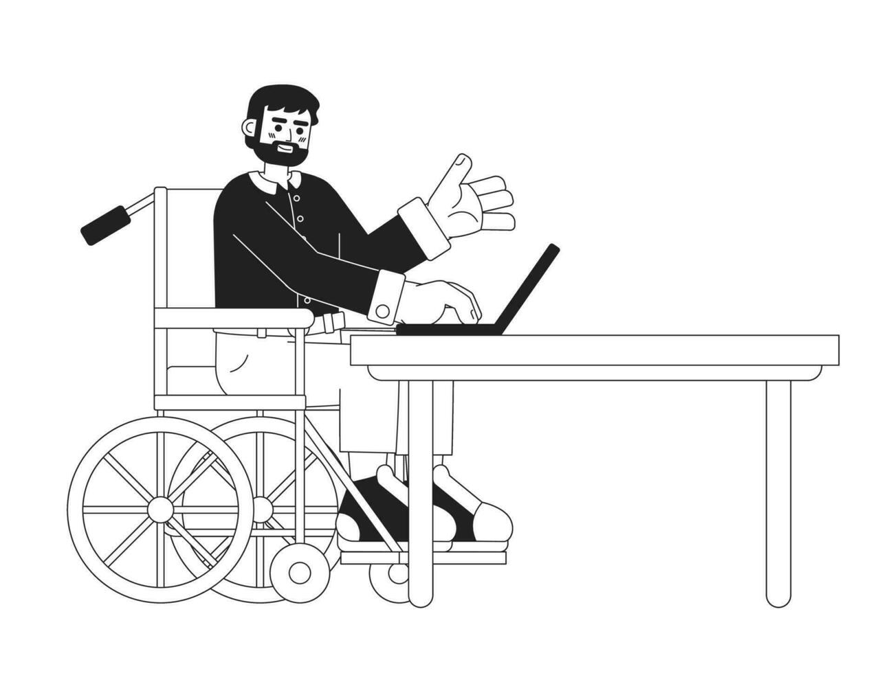 Bearded caucasian wheelchair man on laptop black and white 2D cartoon character. Disabled beard guy working notebook isolated vector outline person. Remote job monochromatic flat spot illustration