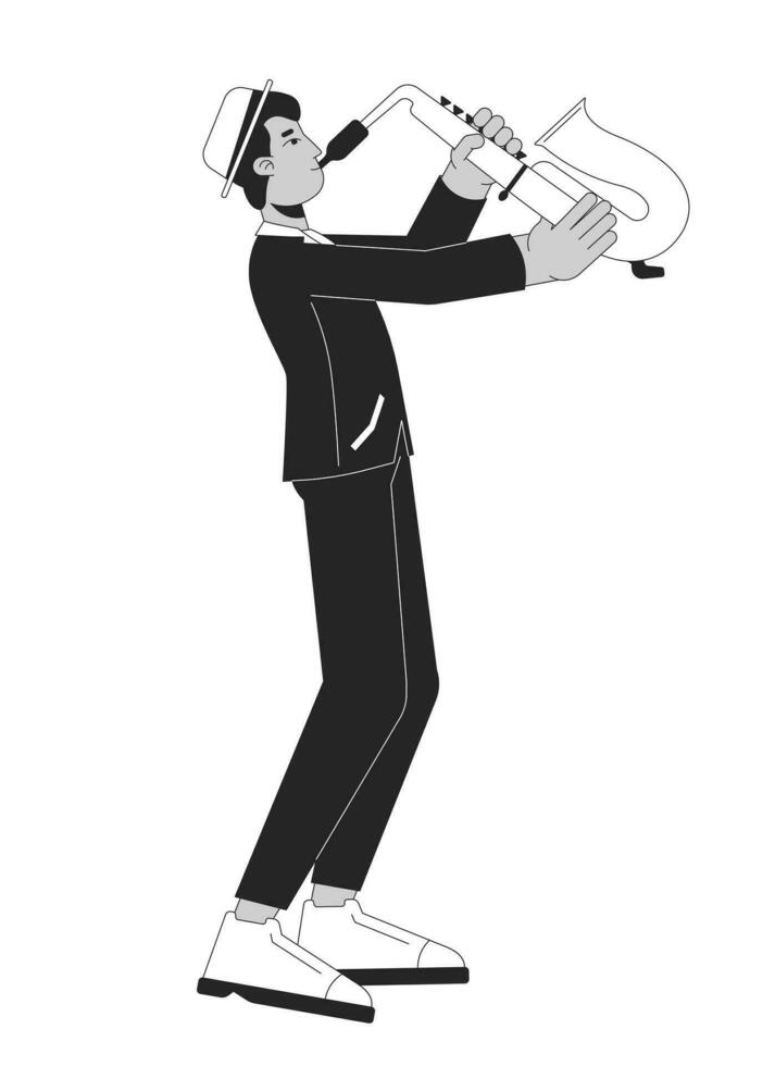 Jazz saxophone player black and white cartoon flat illustration. Indian adult man playing musical instrument 2D lineart character isolated. Saxophonist musician monochrome scene vector outline image