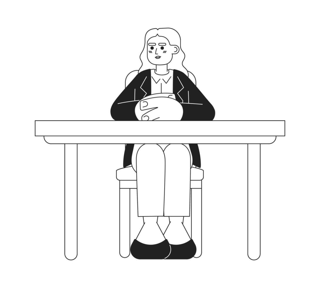 Middle eastern boss lady sitting at desk black and white 2D cartoon character. Caucasian young adult woman workspace office isolated vector outline person. Ceo monochromatic flat spot illustration