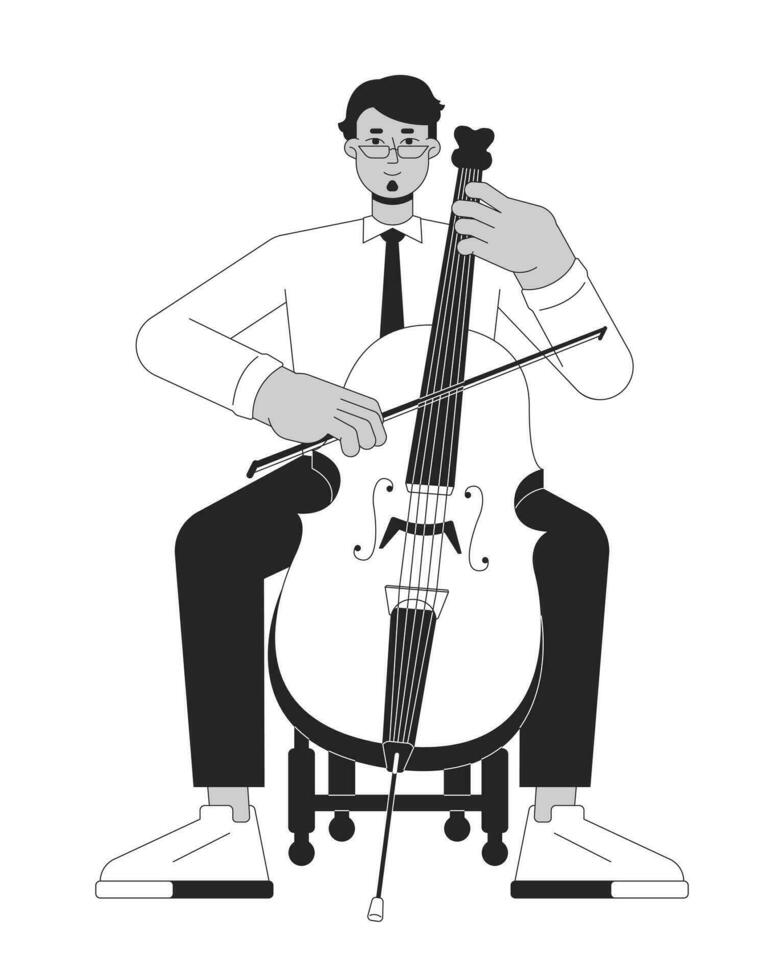 Cello musician black and white cartoon flat illustration. Middle eastern adult man with musical violoncello 2D lineart character isolated. Violoncellist symphony monochrome scene vector outline image