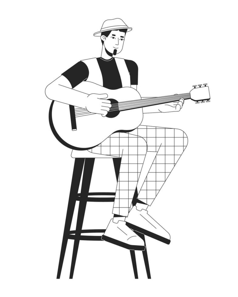 Acoustic guitarist plucking strings black and white cartoon flat illustration. Caucasian man sitting on bar stool 2D lineart character isolated. Music festival monochrome scene vector outline image