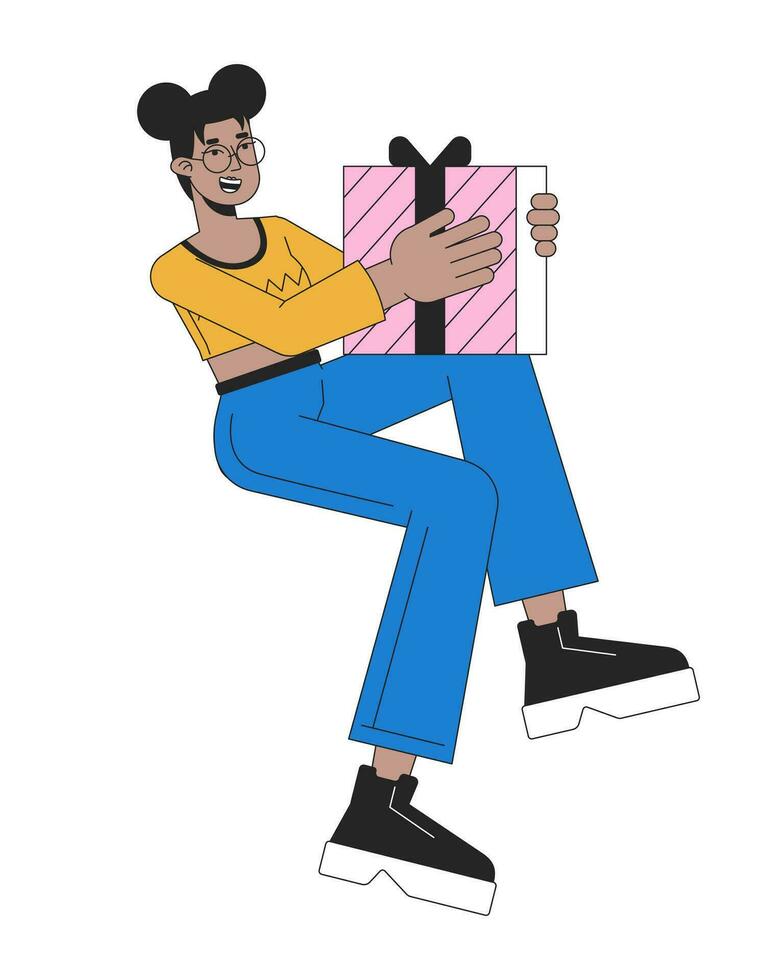 African american female happy holding gift 2D linear cartoon character. Black woman getting grateful thank you present isolated line vector person white background. Joy color flat spot illustration