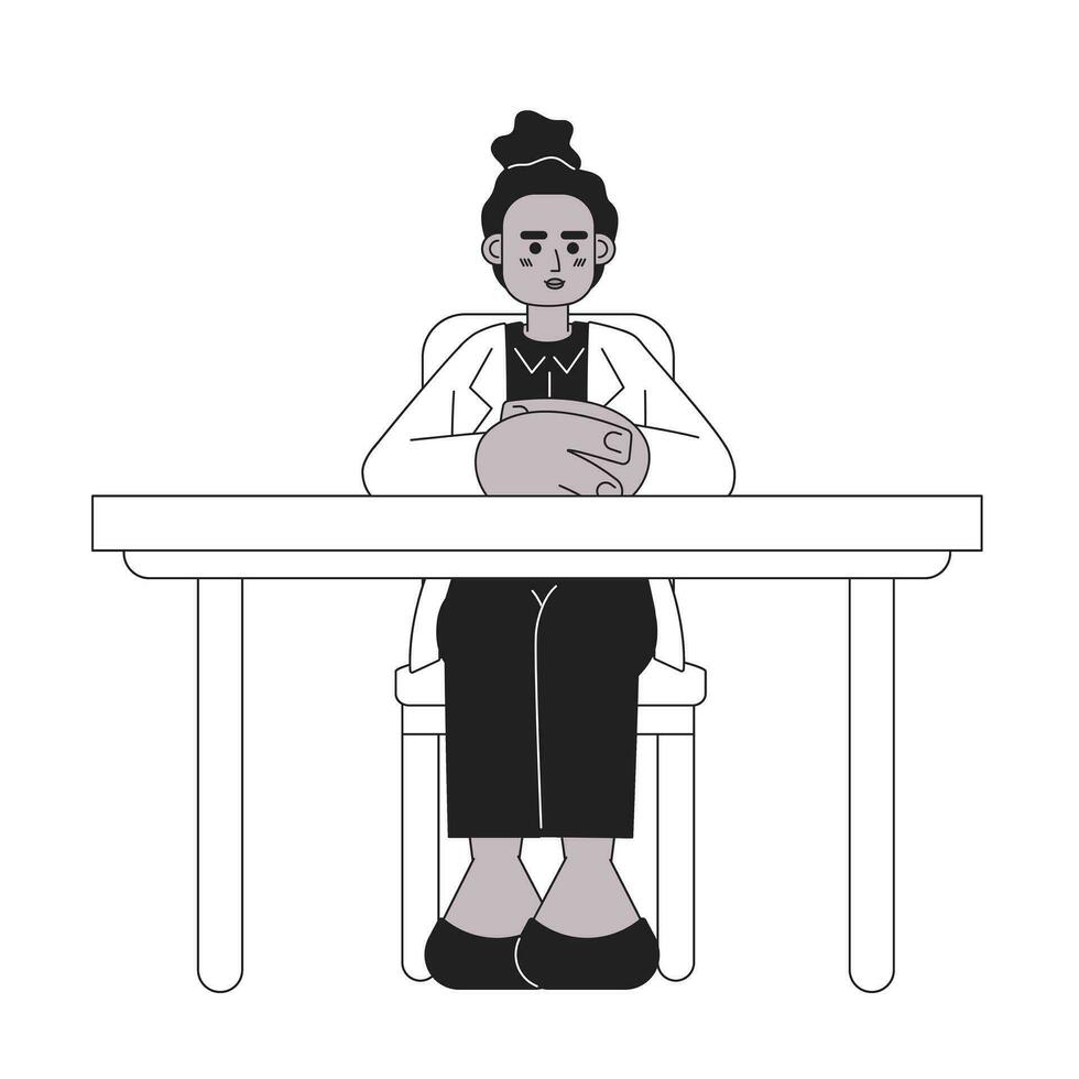 Serious female boss with hands folded on desk black and white 2D cartoon character. African american businesswoman isolated vector outline person. Sitting at desk monochromatic flat spot illustration