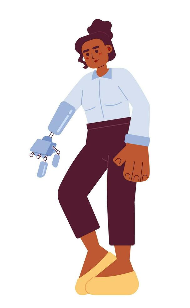 africano americano mujer con protésico brazo señalando dedo 2d dibujos animados personaje. negro hembra prótesis mano aislado vector persona blanco antecedentes. oficina trabajador color plano Mancha ilustración