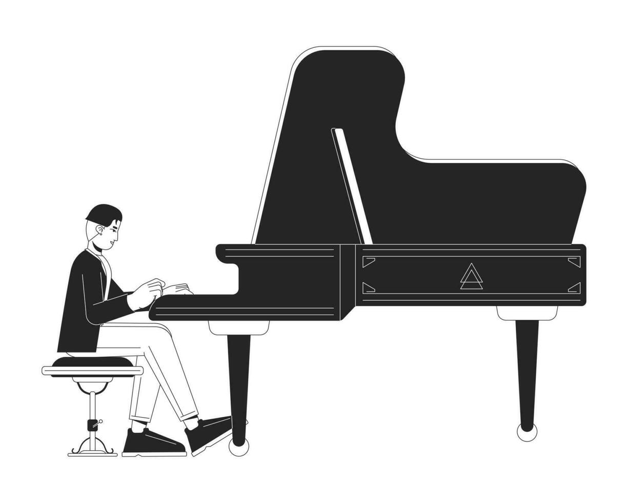 Pianist playing grand piano black and white cartoon flat illustration. Asian adult man wearing concert attire 2D lineart character isolated. Male performer monochrome scene vector outline image