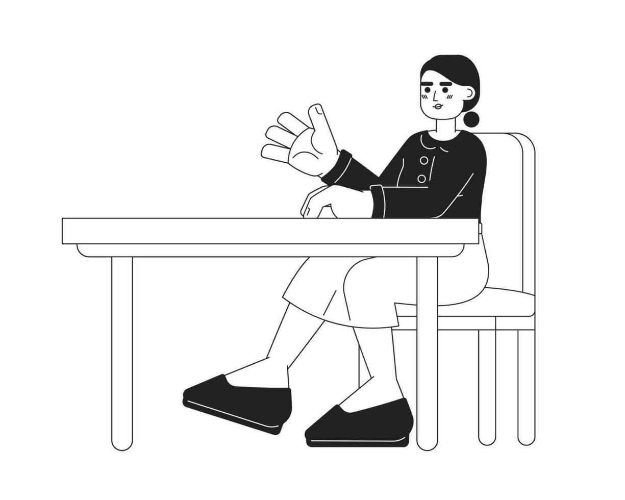 latina niña sentado a escritorio negro y blanco 2d dibujos animados personaje. Universidad estudiante Hispano mujer gesticulando aislado vector contorno persona. Chica de escuela a mesa monocromo plano Mancha ilustración
