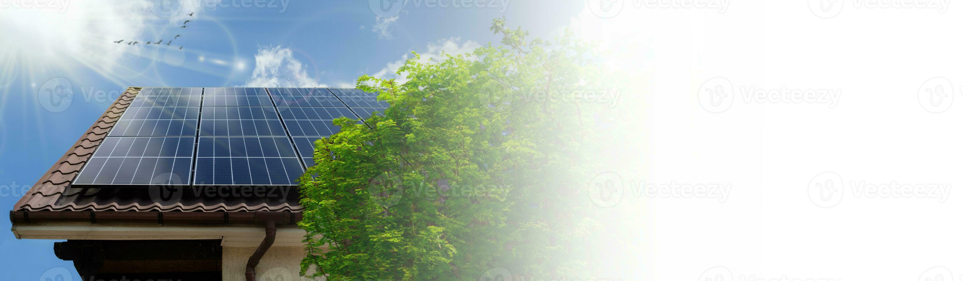 Eco Conceptual Solar Panels on House Roof. Web Banner with Copy Space. photo