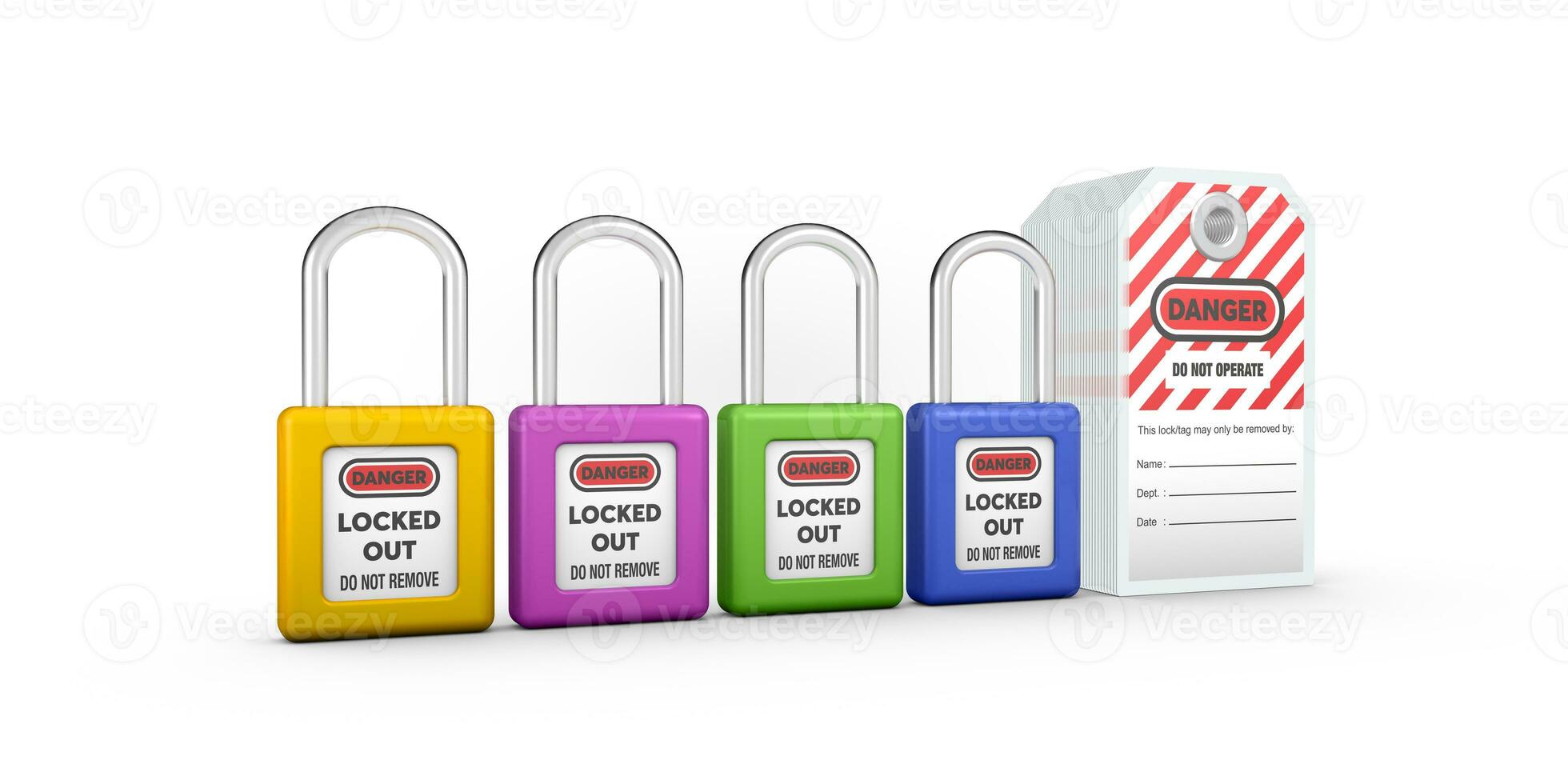 Lock out, tag out with a danger tag 3d render illustration. Danger and do not operate warning. Machine and electrical system and safety equipment. Isolated on white background. photo