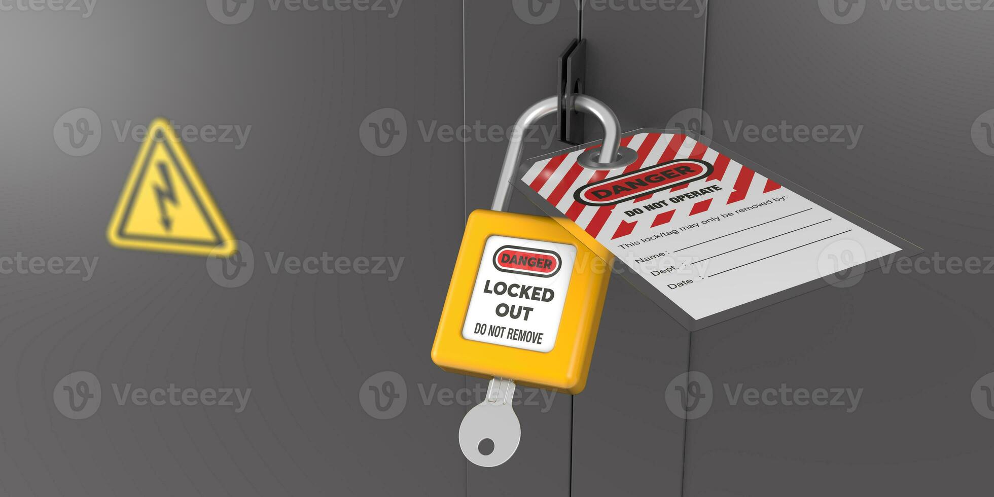 Lock out, tag out with a danger tag 3d render illustration. Danger and do not operate warning. Machine and electrical system and safety equipment. photo