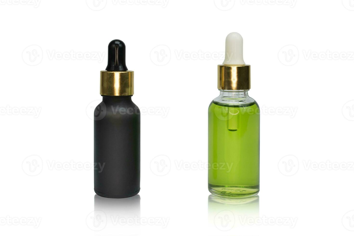 Black and glass medicine pipette dropper bottles isolated on white background photo