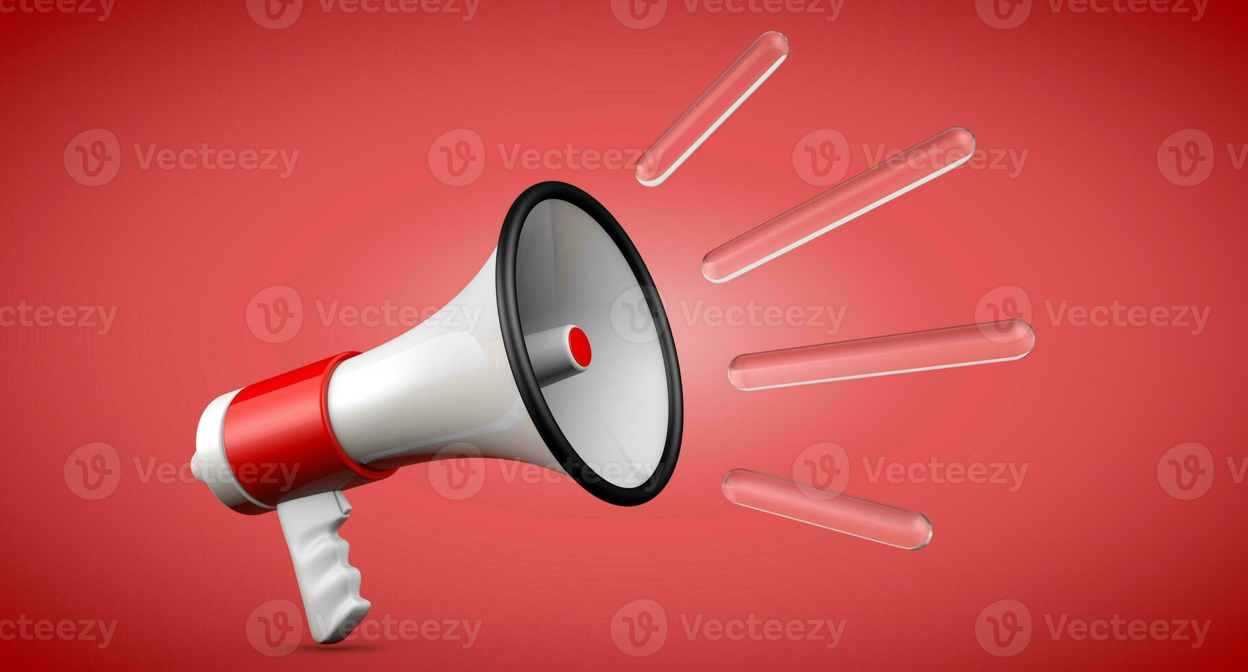 3D Render red and white megaphone isolated on red background. photo