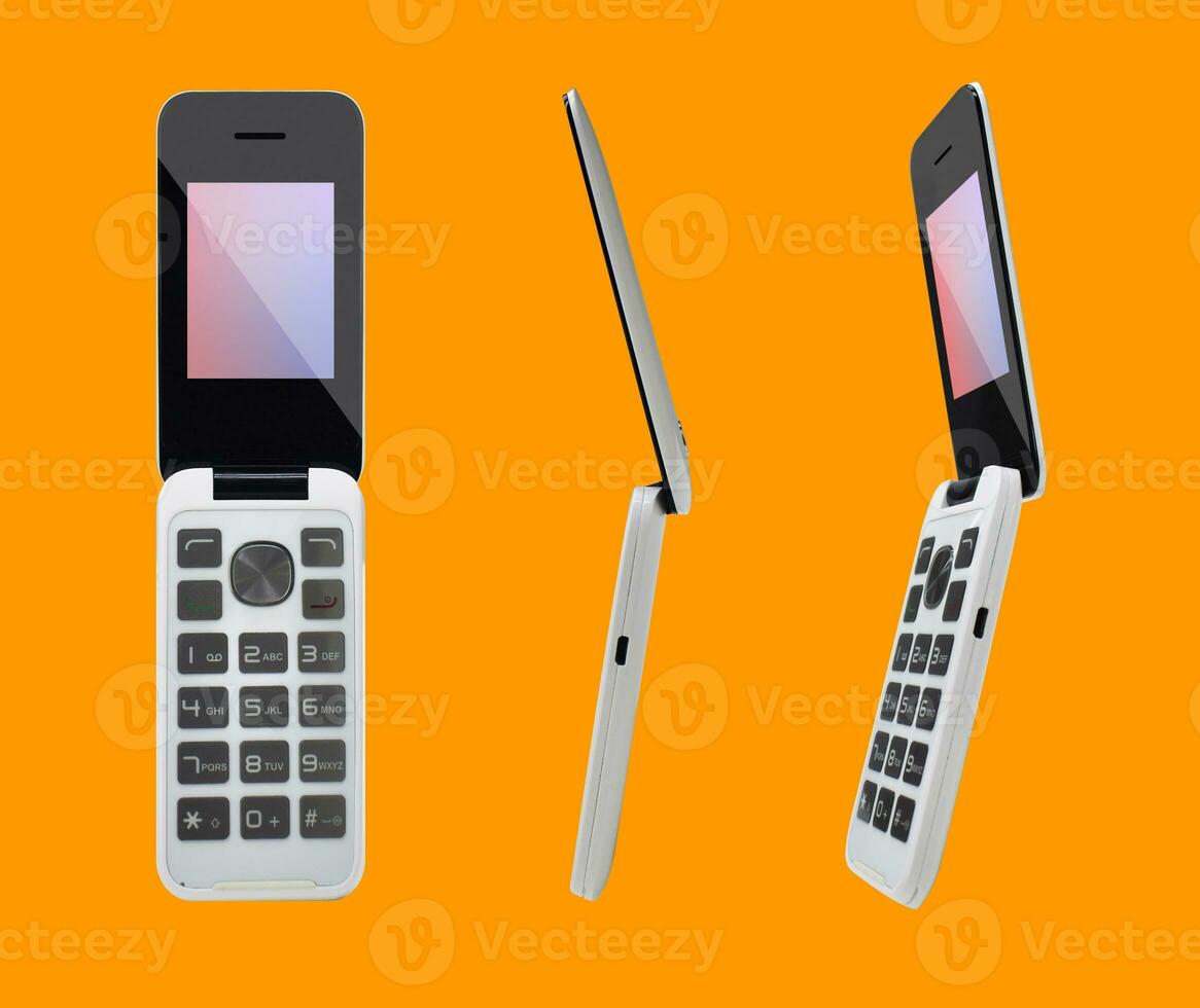 Modern clamshell phone isolated on a yellow background. Flip cell phone view from different angles. front, side, perspective. photo