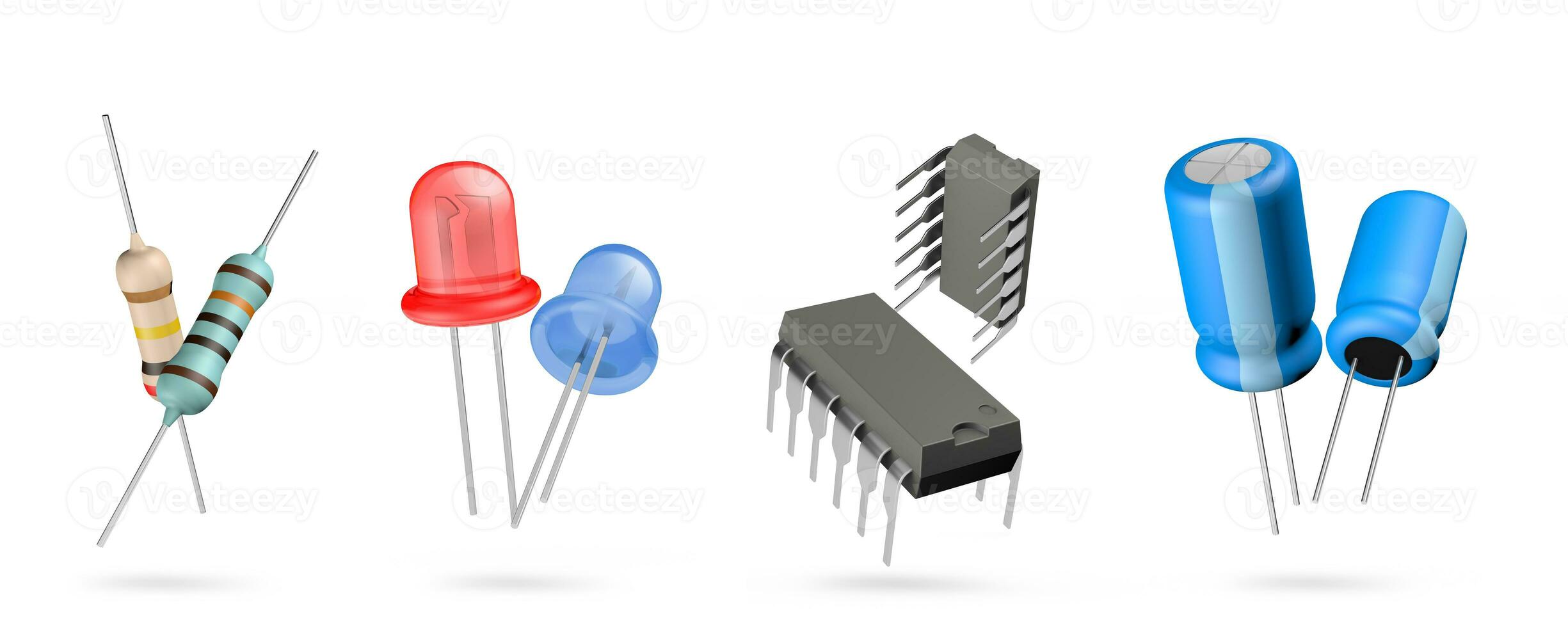 3d electronic components illustration on isolated white background. Resistor, led, integrated circuit and capacitor. photo