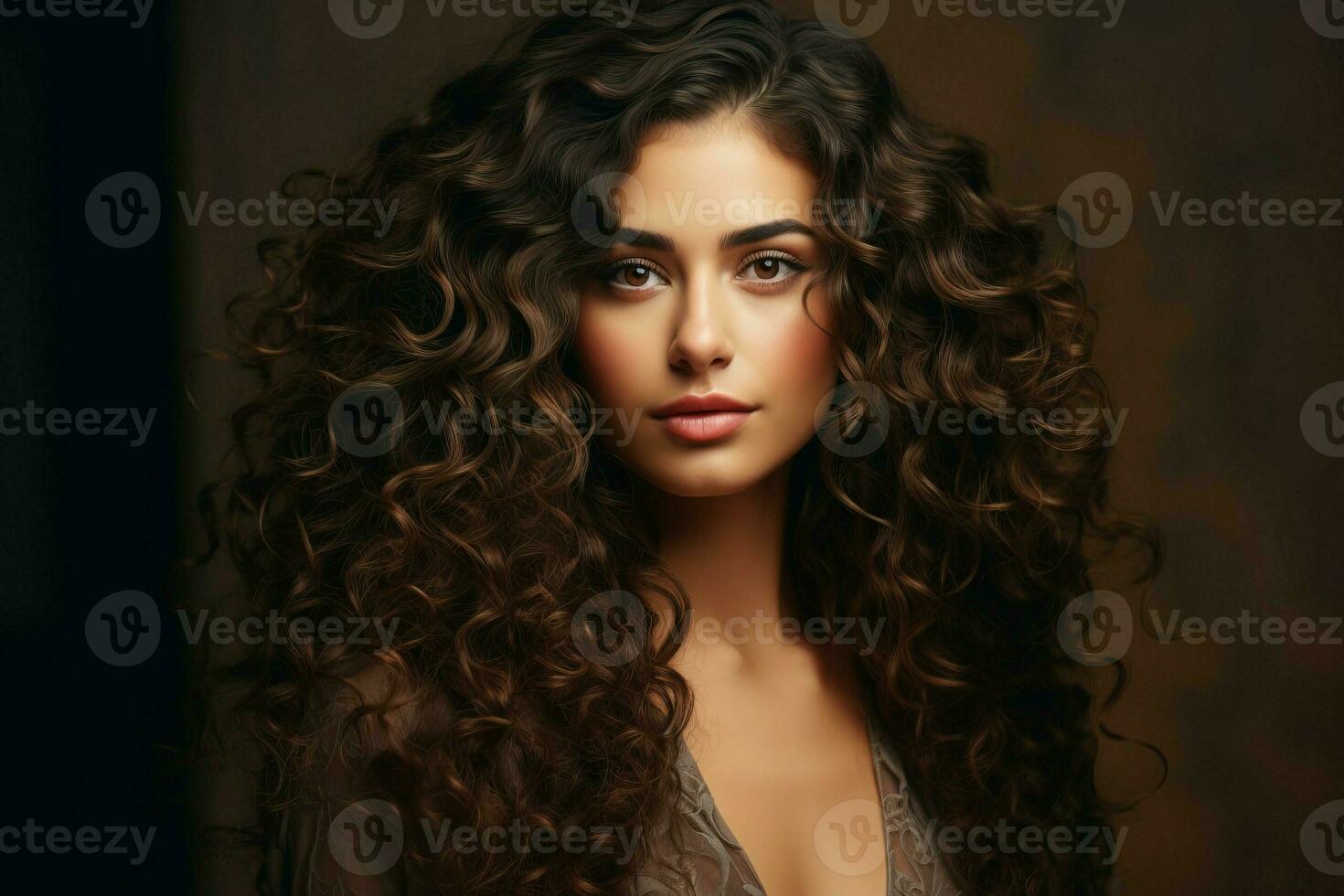 A Beautiful girl with brown curly hair exude confidence looking at camera generated by AI photo