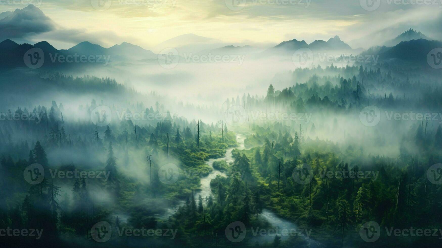 West coast rain forest view with foggy generated by AI photo