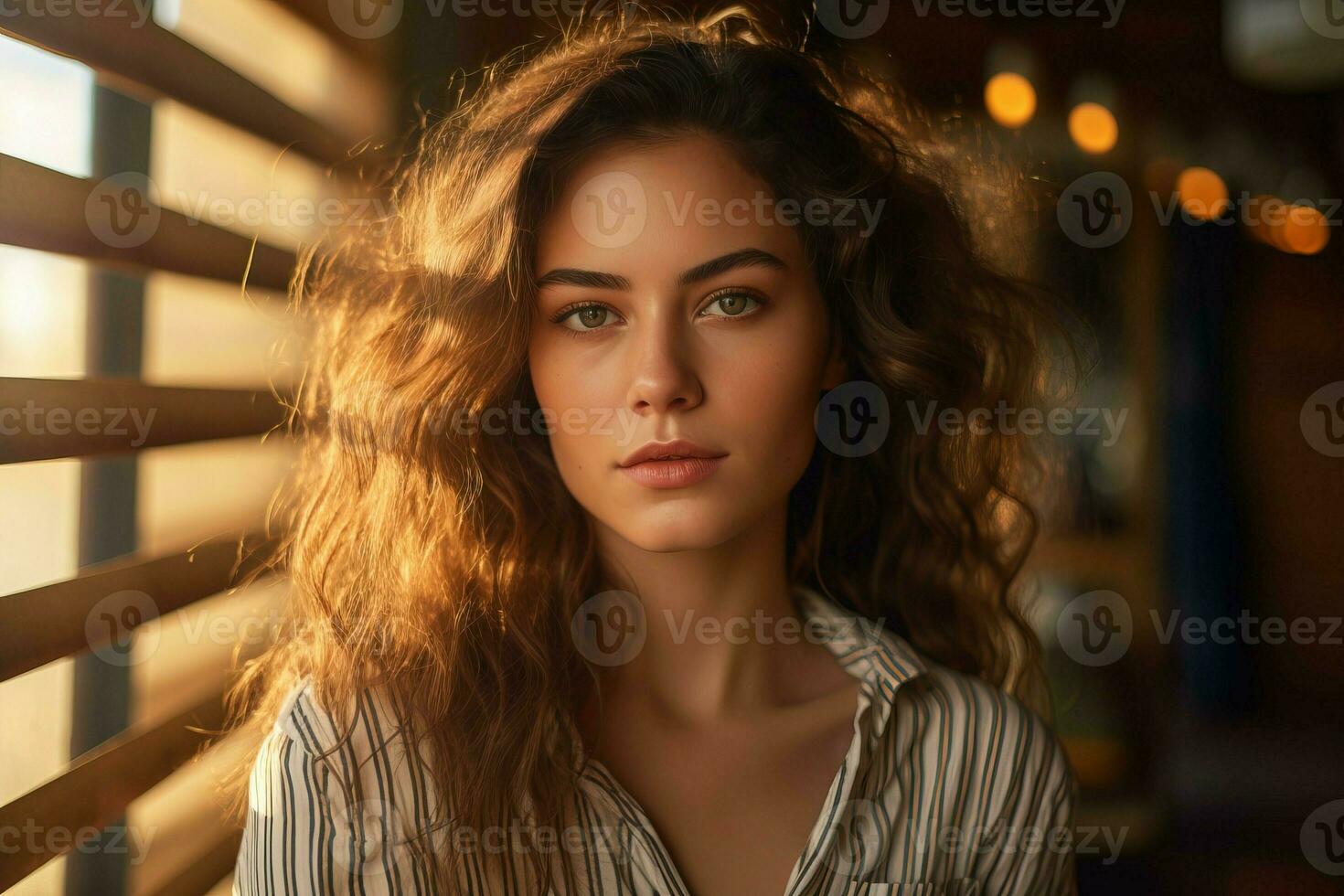 Portrait of woman in striped shirt with curly hair generated by AI photo