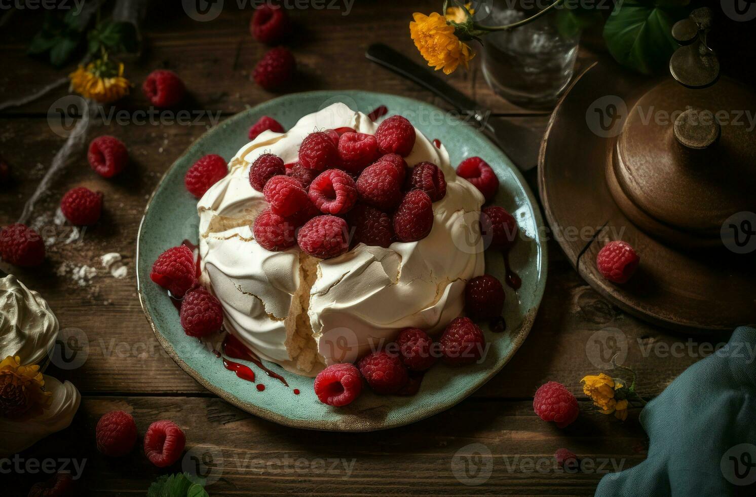 Pavlova cake raspberries. Generate Ai photo