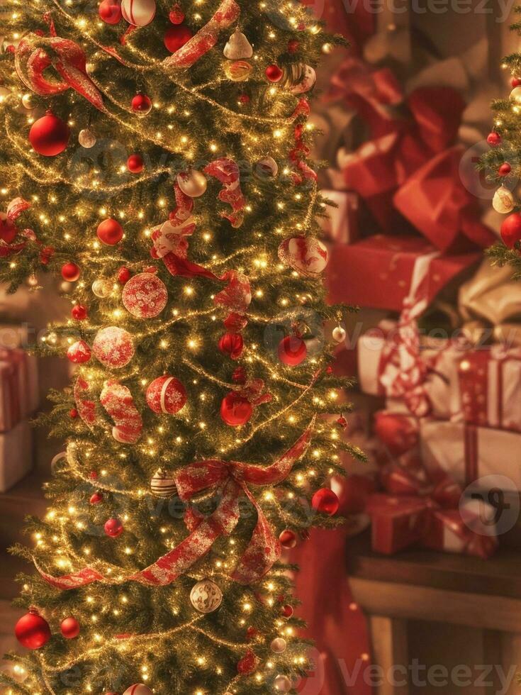 View of beautifully decorated Christmas tree. Generative AI. free Stock Photo