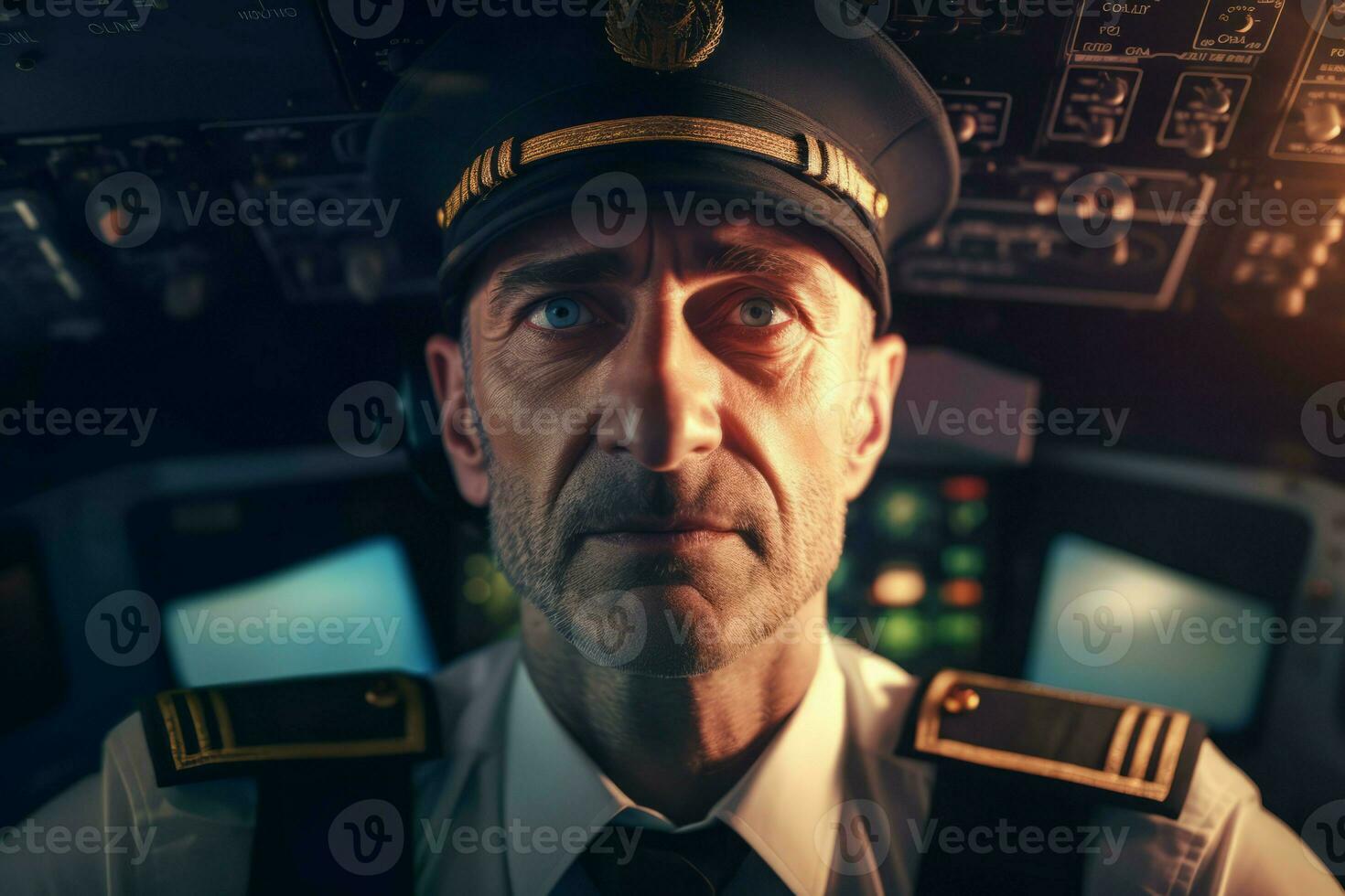 Male captain airplane at sunset. Generate Ai photo