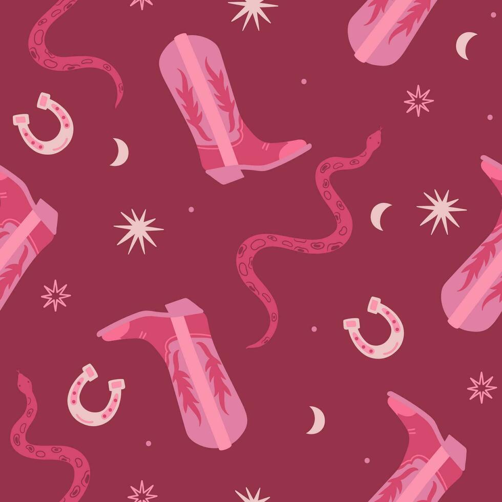 Trendy pink seamless pattern with cowboy boots, snakes and horseshoes. Vector graphics.