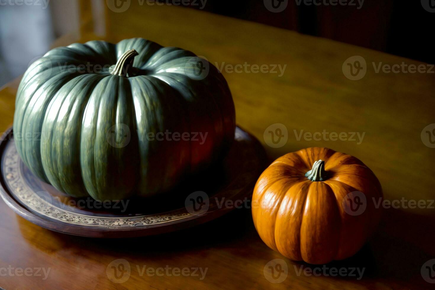 A Couple Of Pumpkins Sitting On Top Of A Wooden Table. AI Generated photo