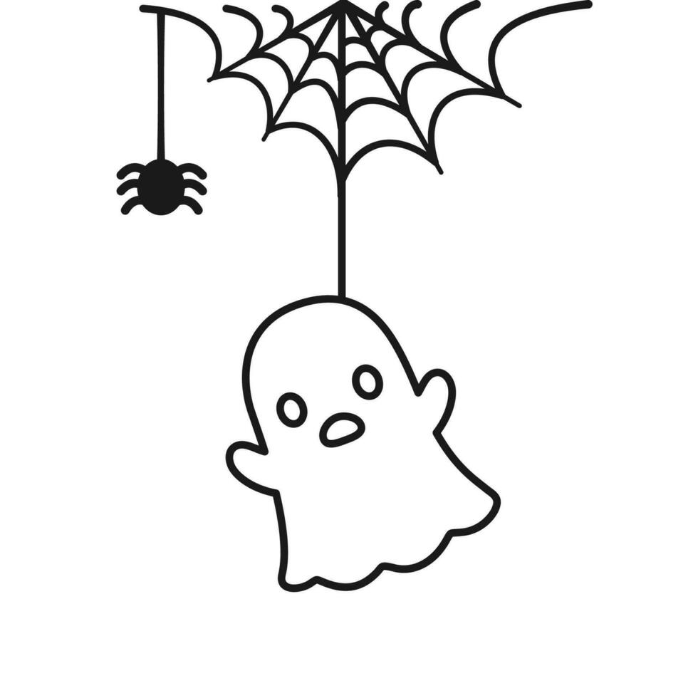 Ghost Hanging on a Spider Web Line Art Doodle, Happy Halloween Spooky Ornaments Decoration Vector illustration