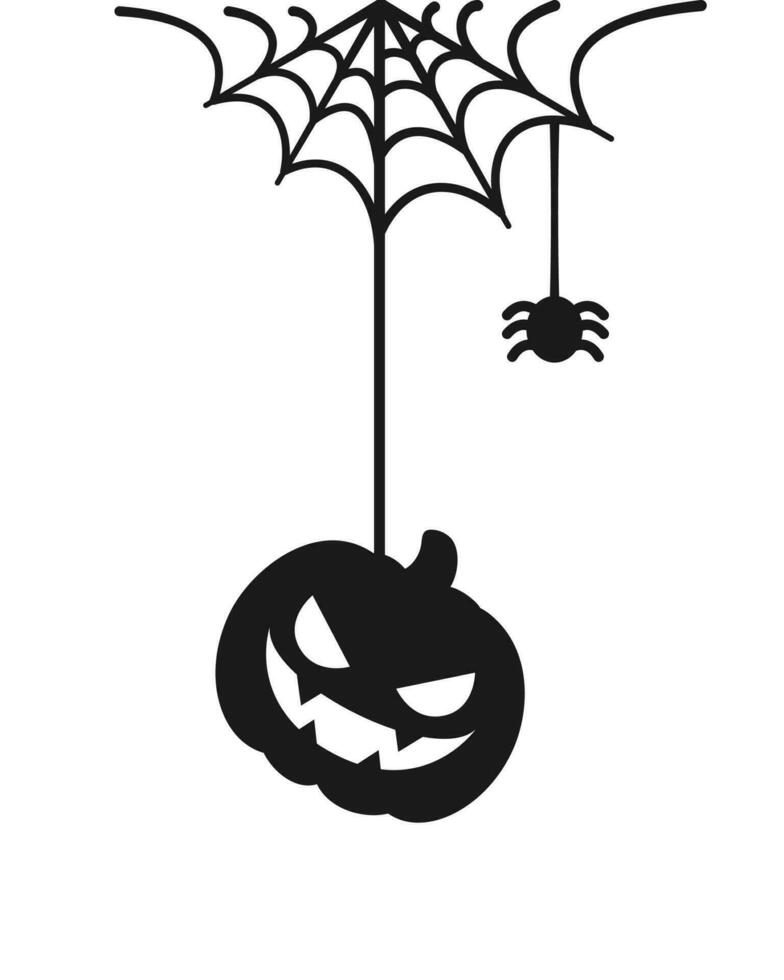 Jack O Lantern Evil Pumpkin Hanging on a Spider Web Silhouette, Happy Halloween Spooky Ornaments Decoration Vector illustration