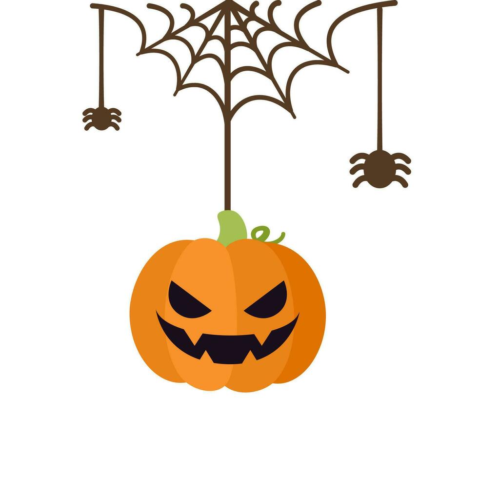 Jack O Lantern Evil Pumpkin Hanging on a Spider Web, Happy Halloween Spooky Ornaments Decoration Vector illustration