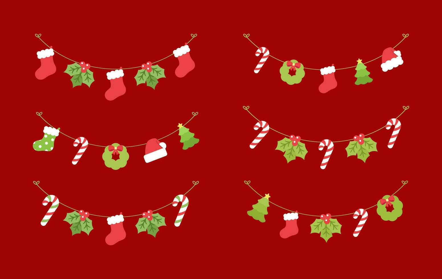 conjunto de Navidad y invierno fiesta decoración guirnalda. Navidad decoración elementos recopilación. Papa Noel sombrero, medias, muérdago, adornos, caramelo caña. vector ilustración.
