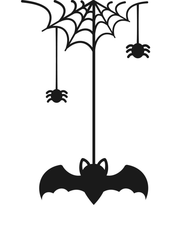 Bat Hanging on a Spider Web Doodle Silhouette, Happy Halloween Spooky Ornaments Decoration Vector illustration