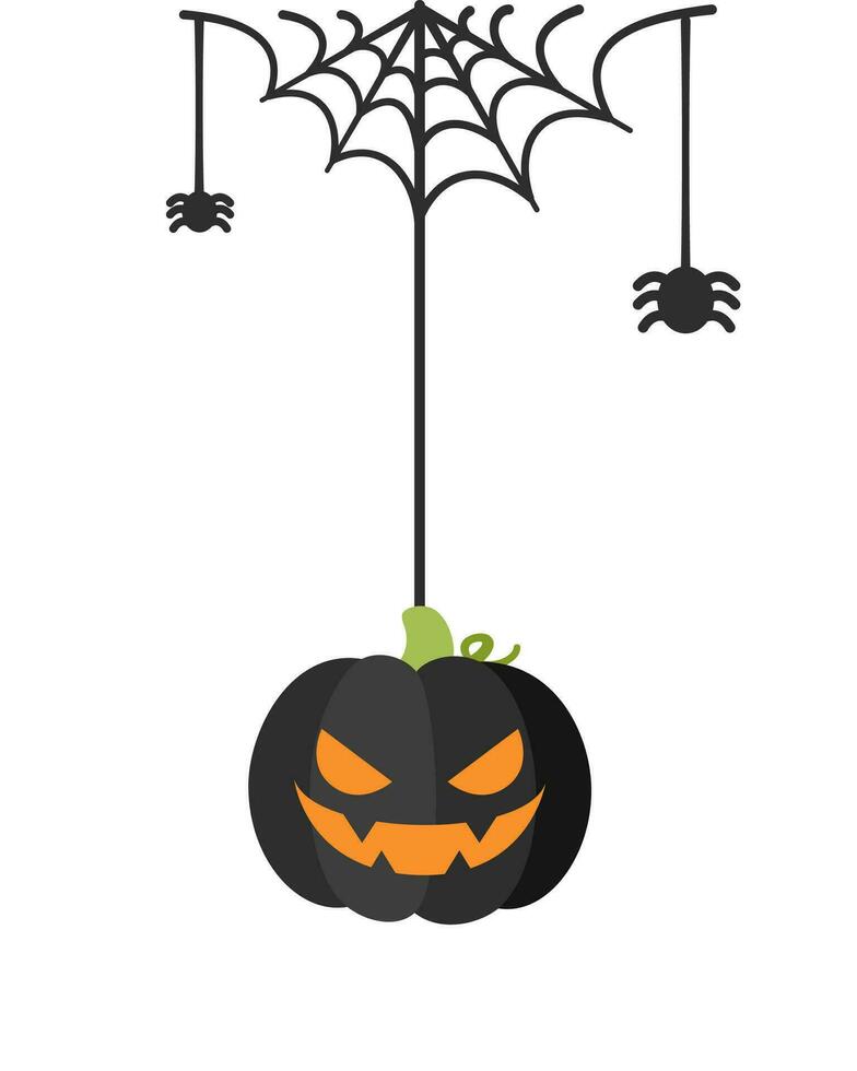 Jack O Lantern Evil Pumpkin Hanging on a Spider Web, Happy Halloween Spooky Ornaments Decoration Vector illustration