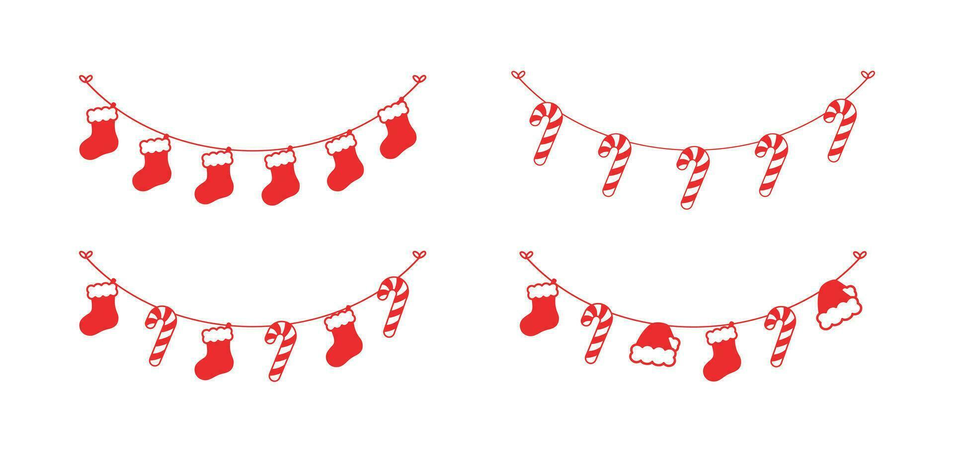 Set of Christmas and winter holiday decoration garland outline doodle. Christmas decoration elements collection. Santa hat, stockings, mistletoe, ornaments, candy cane. Vector Illustration.