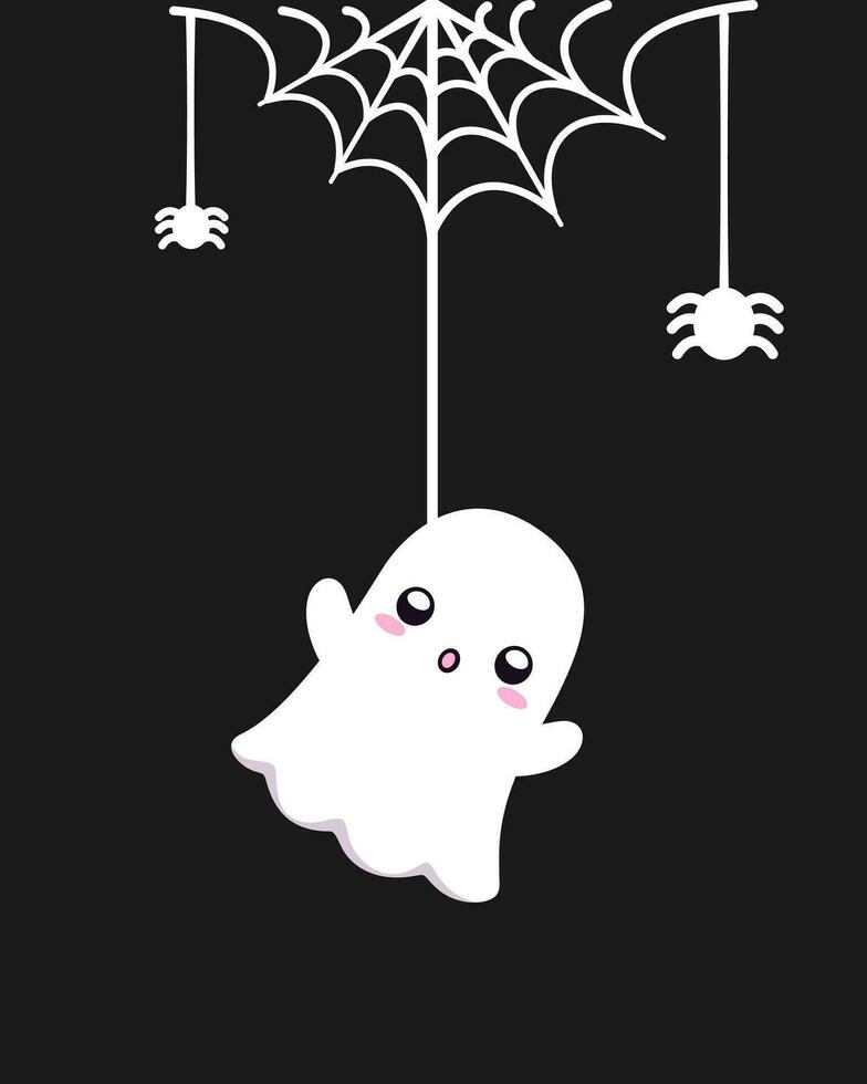 Cute Ghost Hanging on a Spider Web Cartoon, Happy Halloween Spooky Ornaments Decoration Vector illustration