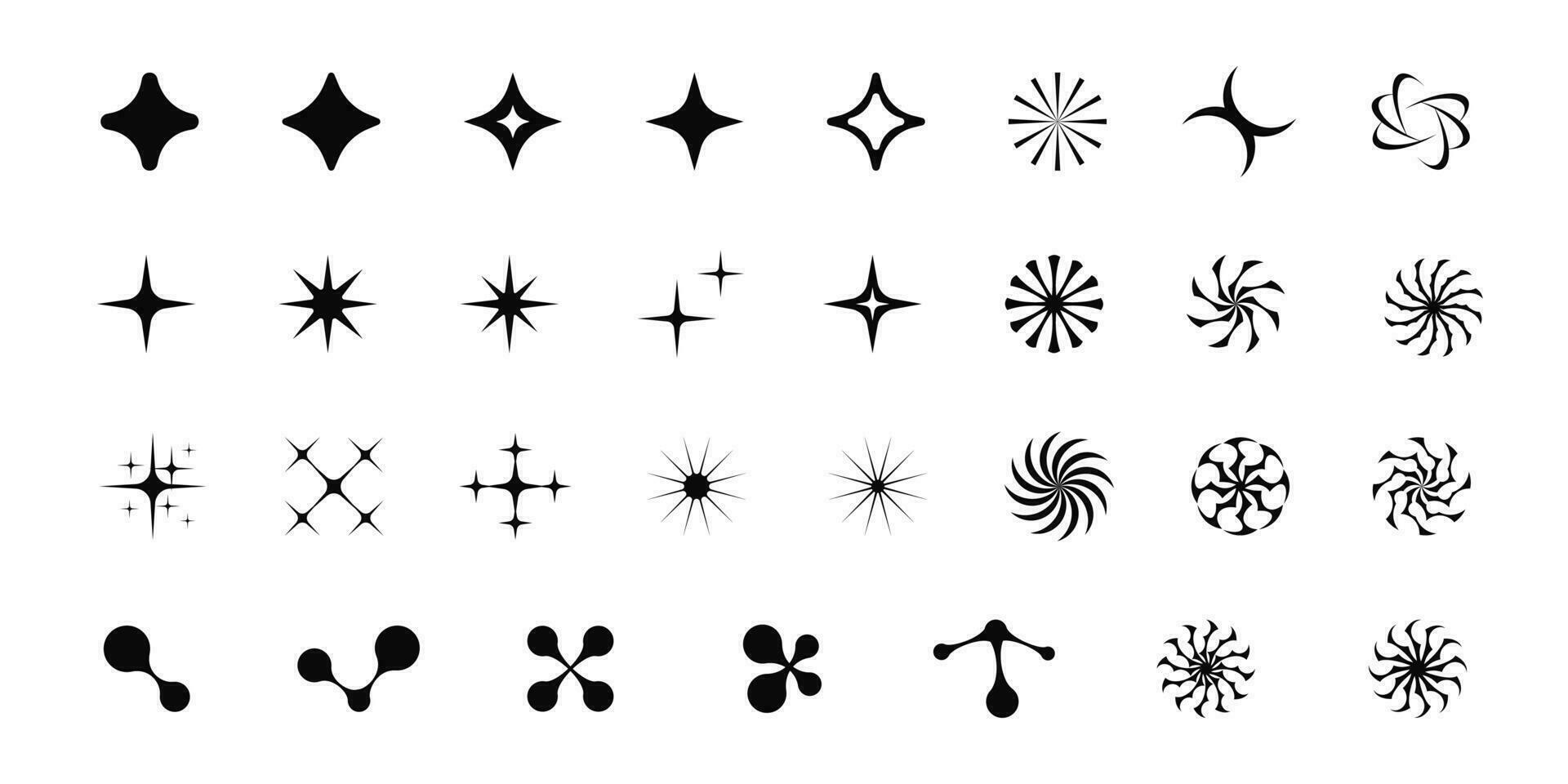 conjunto de retro gráfico formas, estrellas, destellos, parpadea, redondo tribal pegatinas, metabolas, y2k símbolos, vector negro insignias