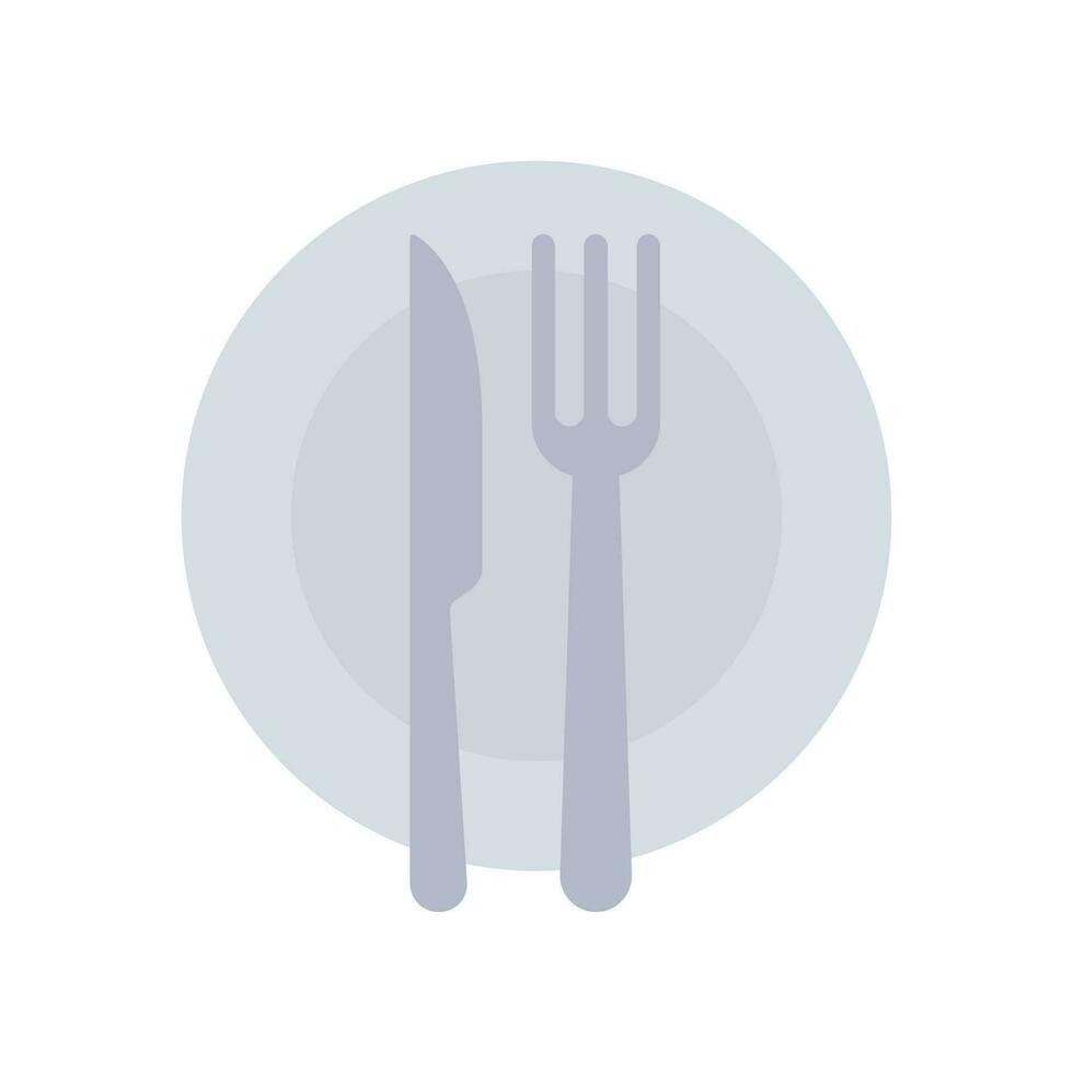 Plate and knife with a fork icon, dinner, meal, eat cutlery, flat style. Restaurant dish in dining table set. Tableware, silverware serving logo Vector illustration design on white background. EPS 10