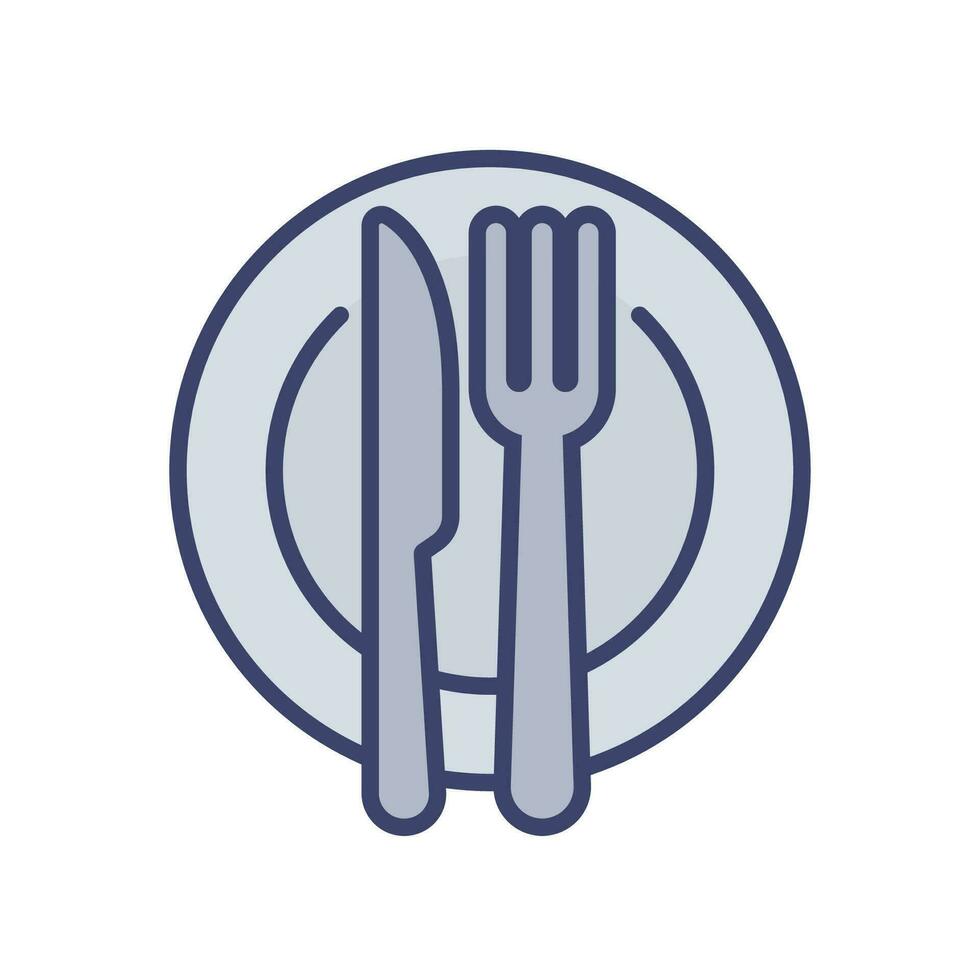 Plate and knife with a fork icon, dinner, meal, eat cutlery filled outline style. Restaurant dish, dining table set. Tableware, silverware serving Vector illustration design on white background EPS 10