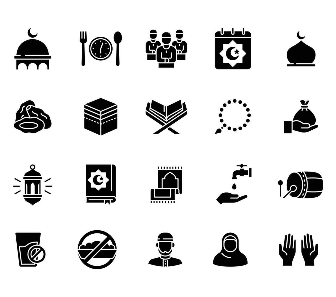 Ramadán icono conjunto glifo estilo. iftar tiempo, cúpula, mezquita, femenino, hiyab, alminar, la meca, islam, masculino musulmán, mano oración, Orando, Shalat, rápido vector ilustración diseño en blanco antecedentes eps 10