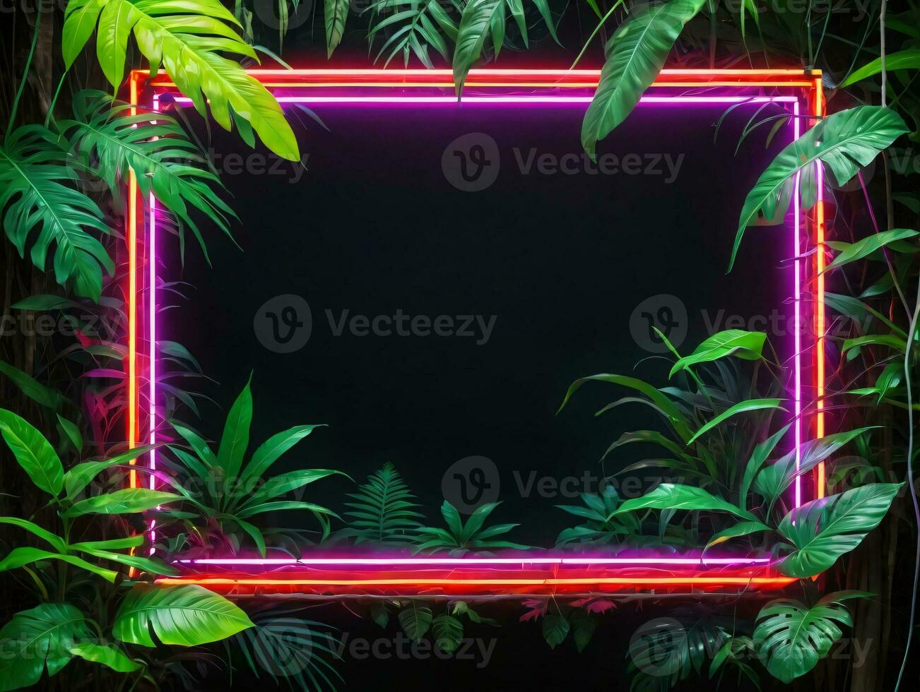 A Neon Frame In The Middle Of A Jungle. AI Generated photo