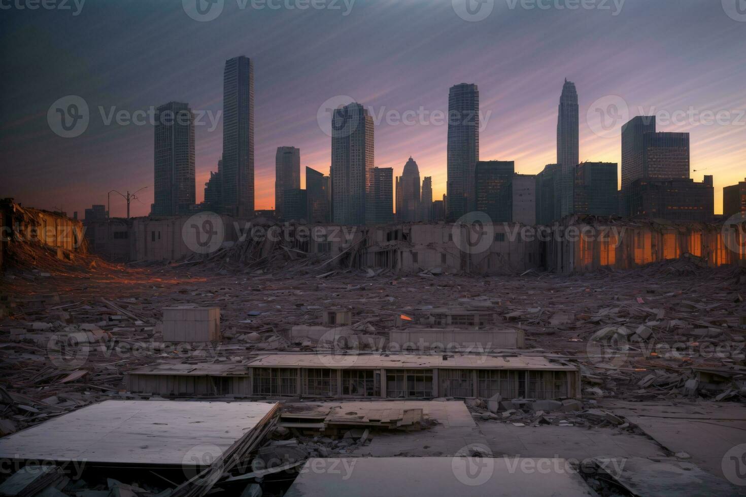 A View Of A City From A Demolished Building. AI Generated photo